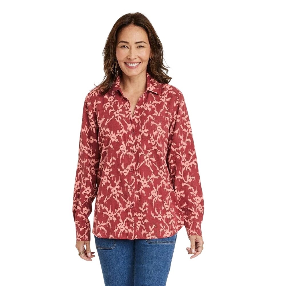 Knox Rose Women's Red Pink Ikat Print Lyocell Button Down Shirt‎ Size M
